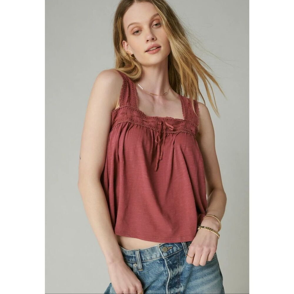 Lucky Brand Women’s XS Square Neck Lace Tank Babydoll Top Rose Brown Flowy Y2K